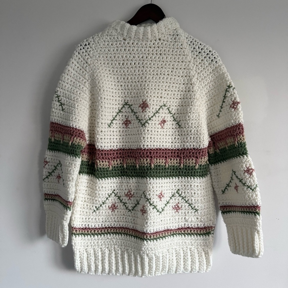 Cozy White, Pink and Green Hand-knit Sweater
